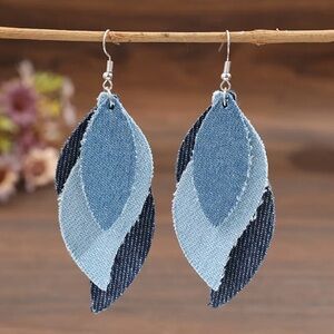 Elegant Blue Denim Looking 3-Layer Leaf PU Leather Earrings
